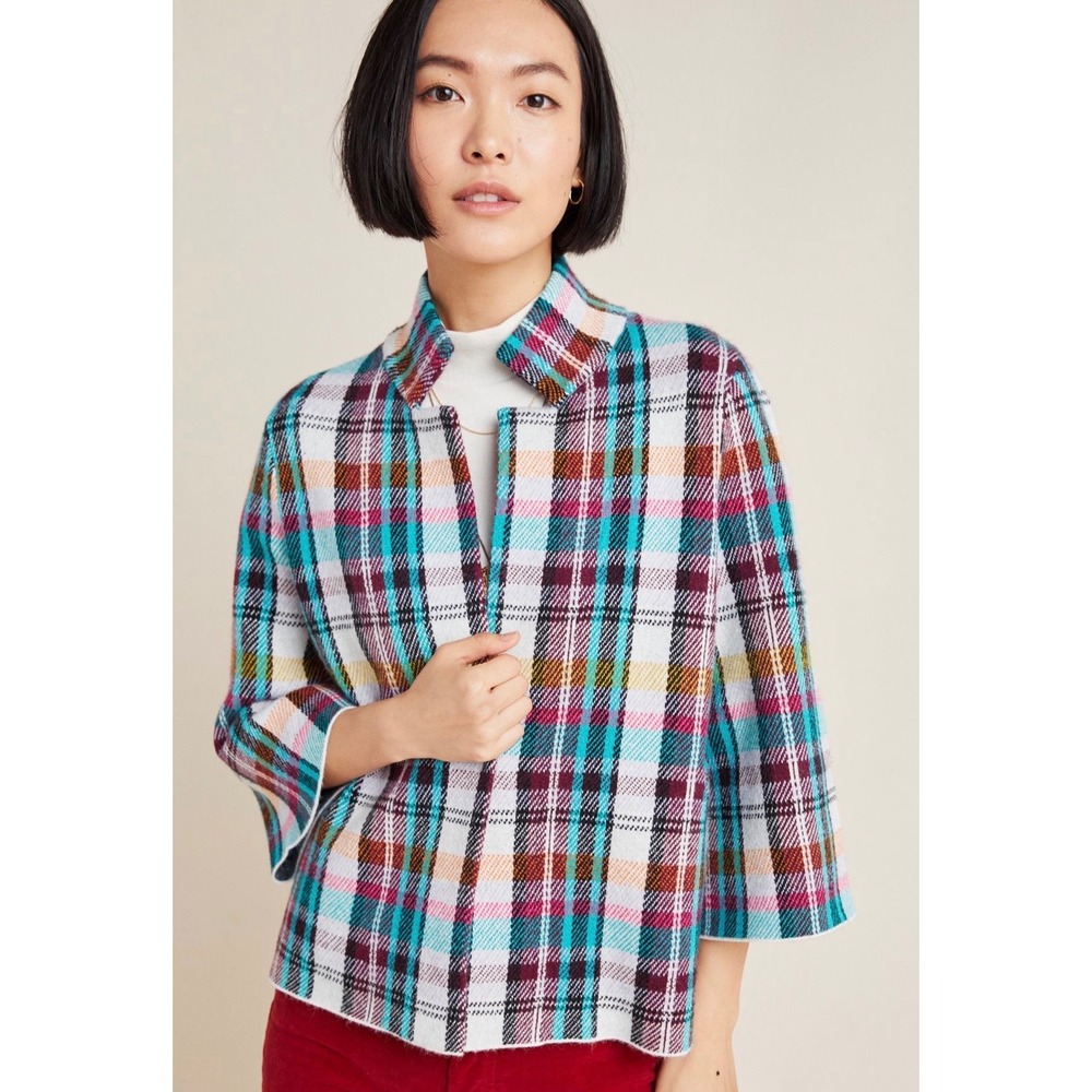 Anthropologie Jacket Rosetta Cropped Harvest Plaid Cream Green XS